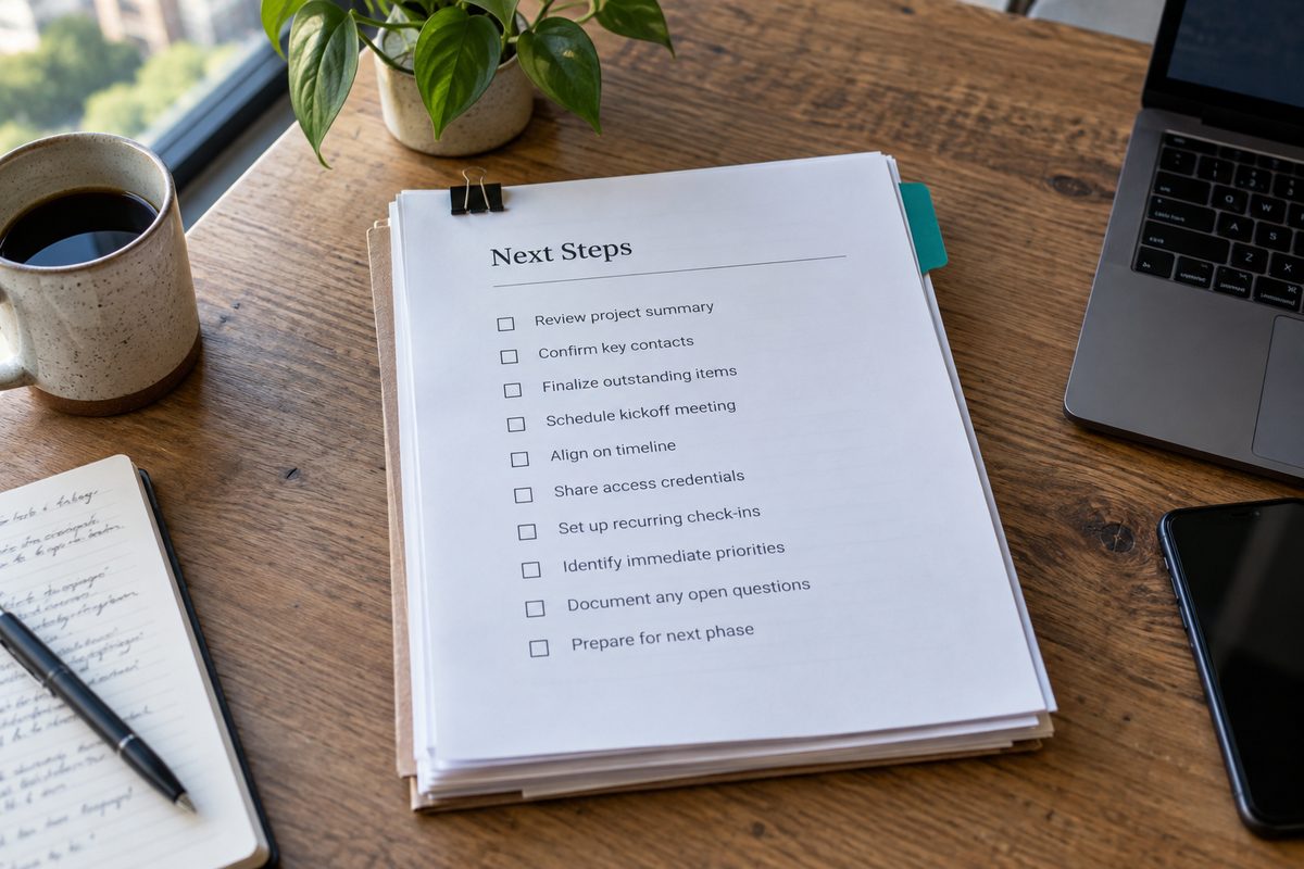 Finished handoff packet with a marked next-step sheet