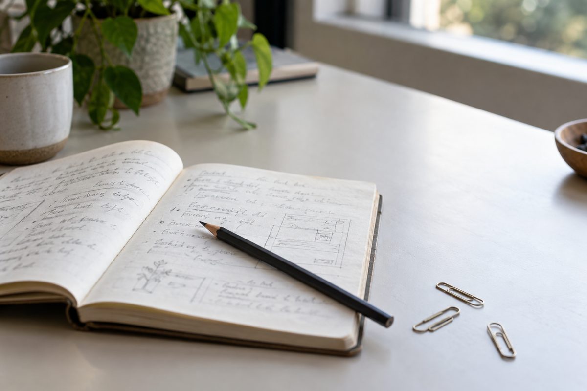 Open working brief with a pencil and clipped paper edges